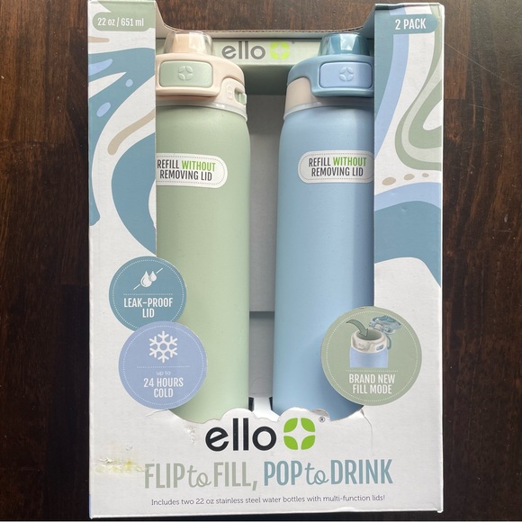 Ello Other - Ello Flip To FillPop To Drink Two Pack New In Box Blue Green Aluminum 22 oz each